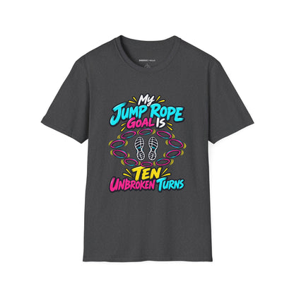 Graphic fitness T-shirt featuring the "My Jump Rope Goal Is Ten Unbroken Turns" design.