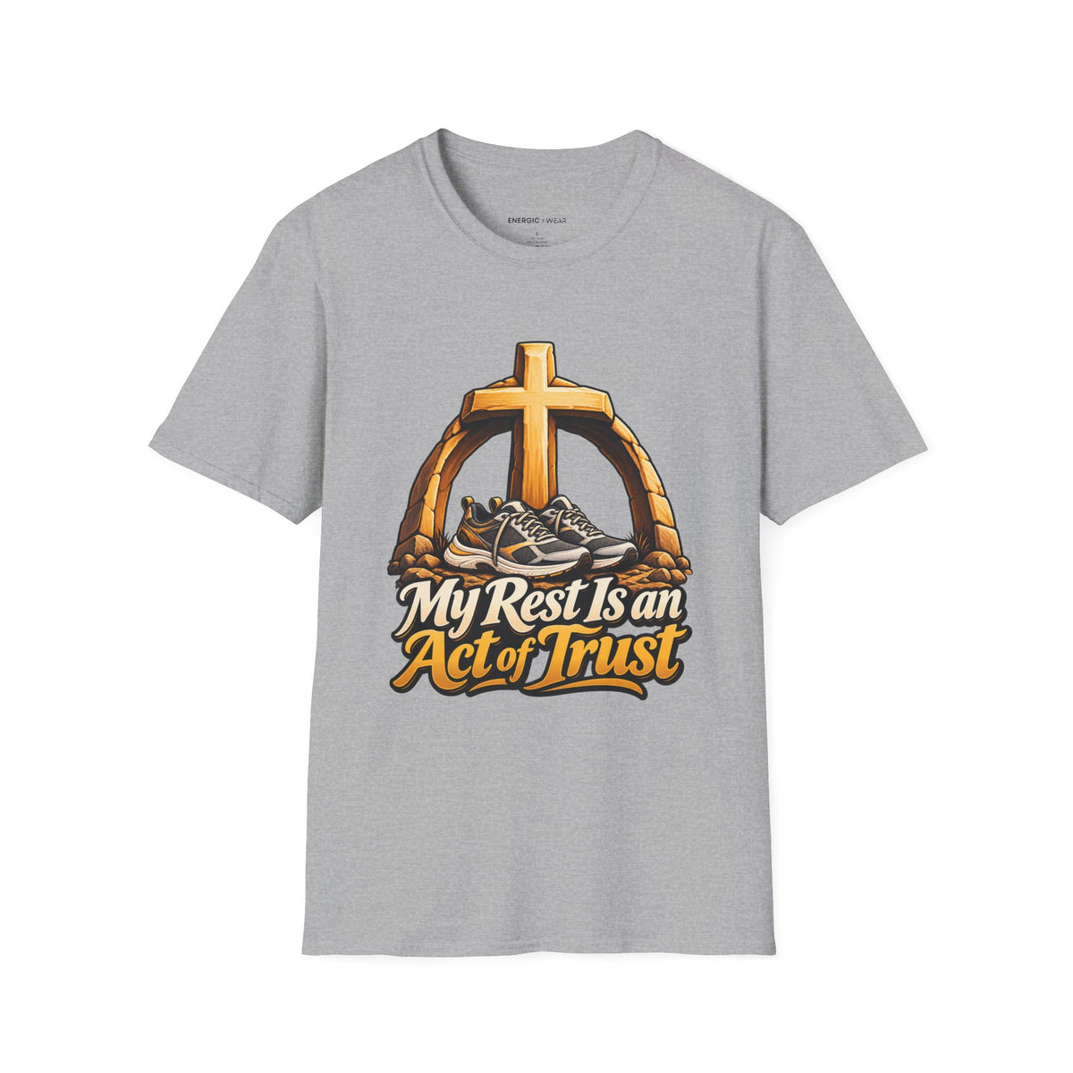 Graphic fitness T-shirt featuring the "My Rest Is an Act of Trust" design.