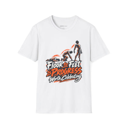 Graphic fitness T-shirt featuring the "Floor to Feet Is Progress Worth Celebrating" design.