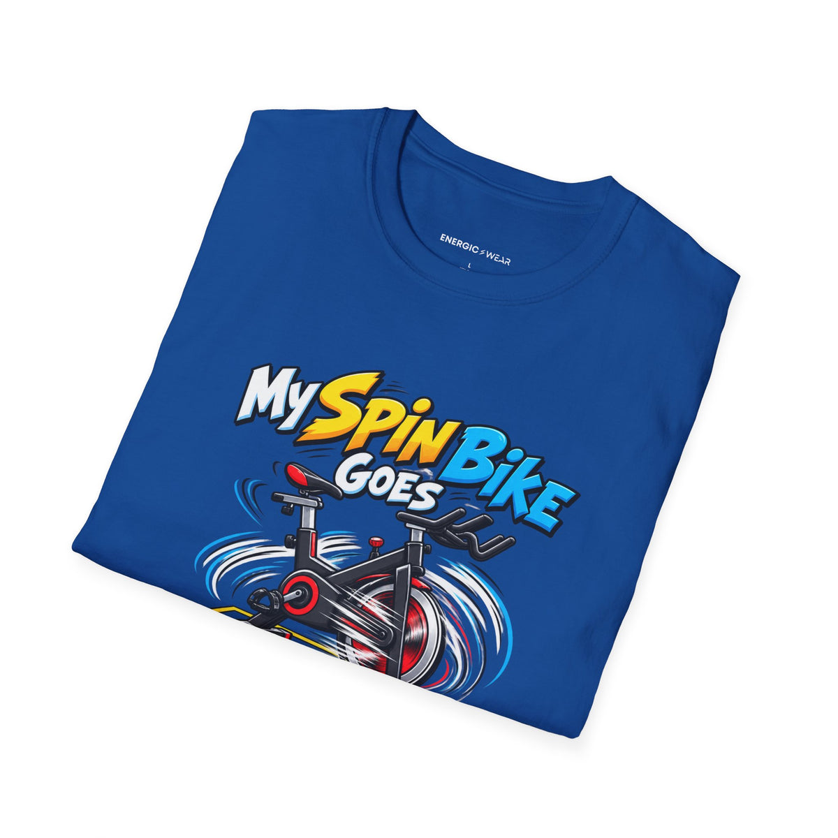Graphic fitness T-shirt featuring the "My Spin Bike Goes Nowhere with Great Enthusiasm" design.