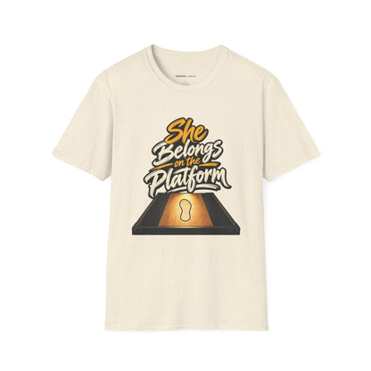 Graphic fitness T-shirt featuring the "She Belongs on the Platform" design.