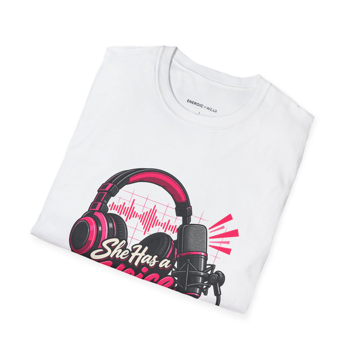 Graphic fitness T-shirt featuring the "She Has a Voice Behind the Microphone" design.