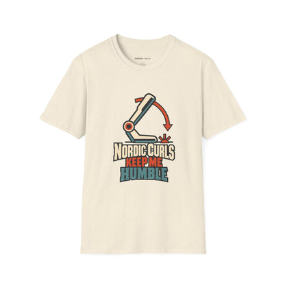 Graphic fitness T-shirt featuring the "Nordic Curls Keep Me Humble" design.