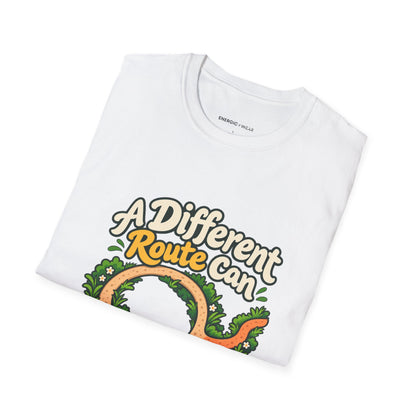 Graphic fitness T-shirt featuring the "A Different Route Can Refresh a Routine" design.