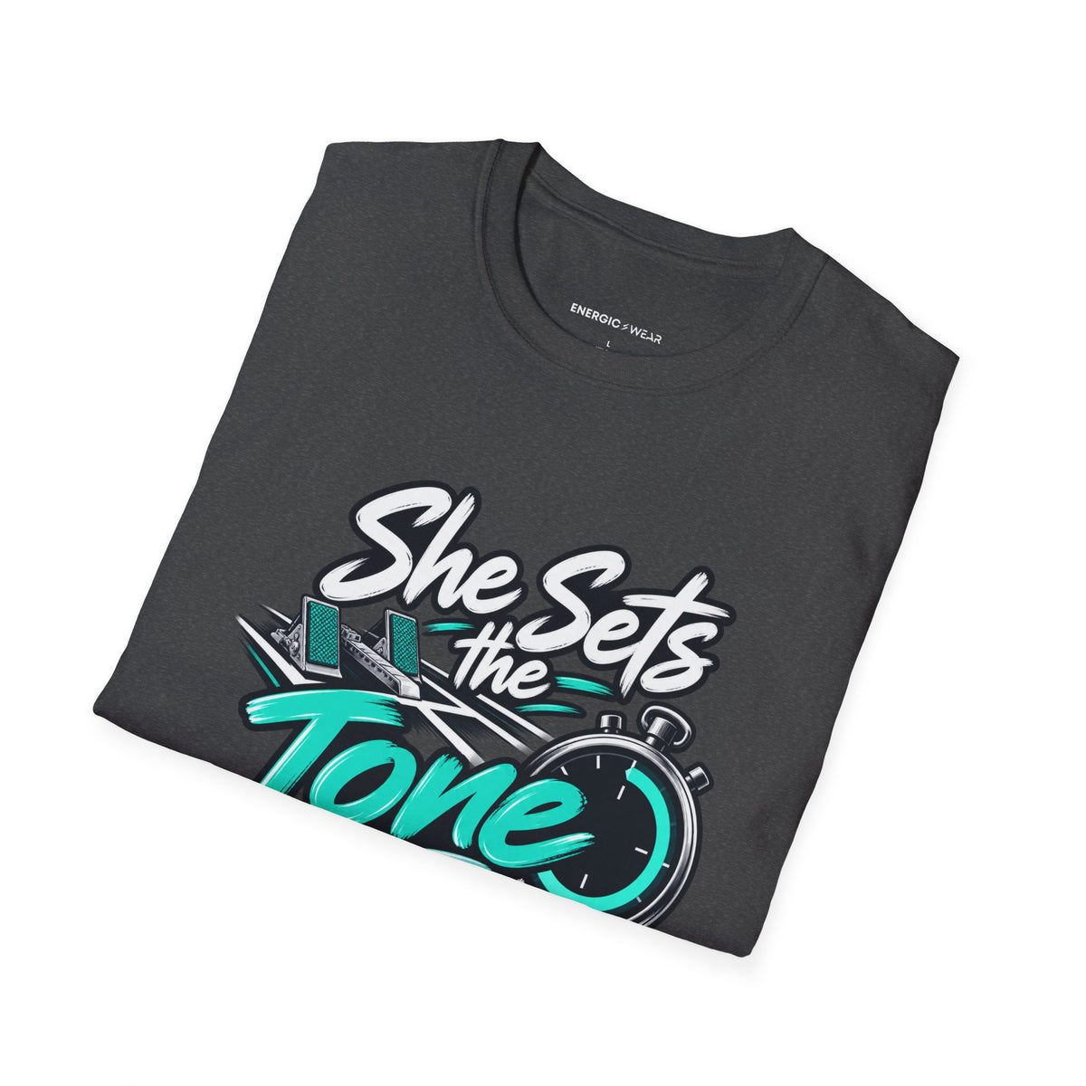 Graphic fitness T-shirt featuring the "She Sets the Tone Before the Timer" design.