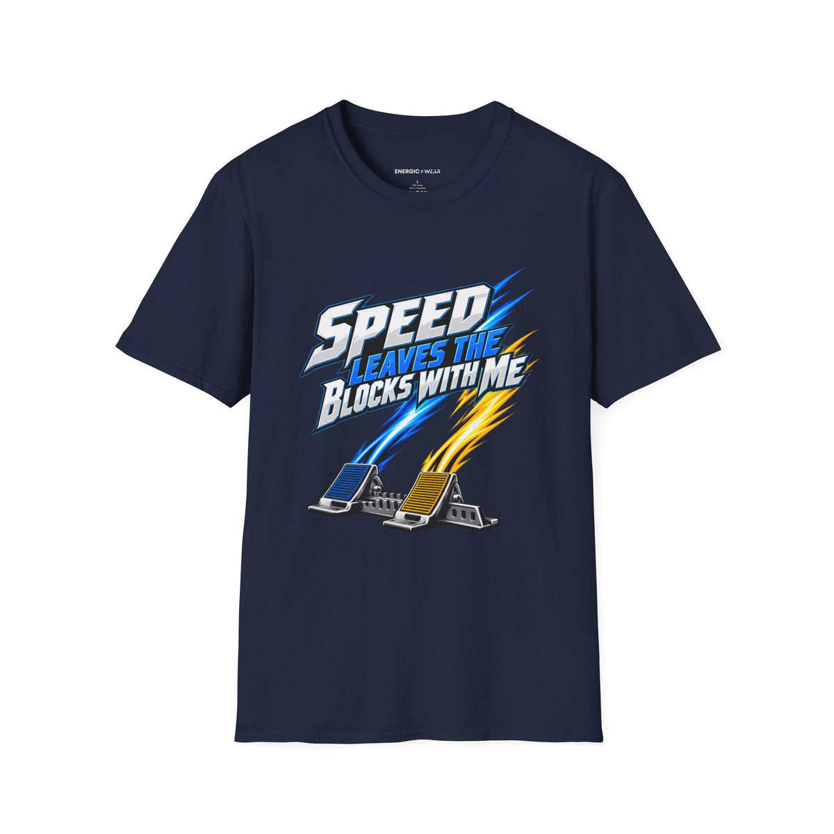 Graphic fitness T-shirt featuring the "Speed Leaves the Blocks with Me" design.