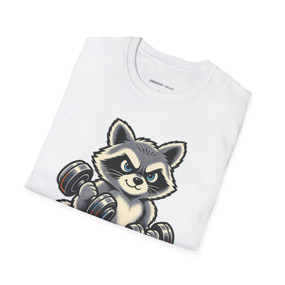 Graphic fitness T-shirt featuring the "Muscular Raccoon" design.