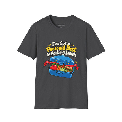 Graphic fitness T-shirt featuring the "I've Got a Personal Best in Packing Lunch" design.