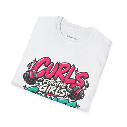 Graphic fitness T-shirt featuring the "Curls for the Girls, Squats for the Thoughts" design.