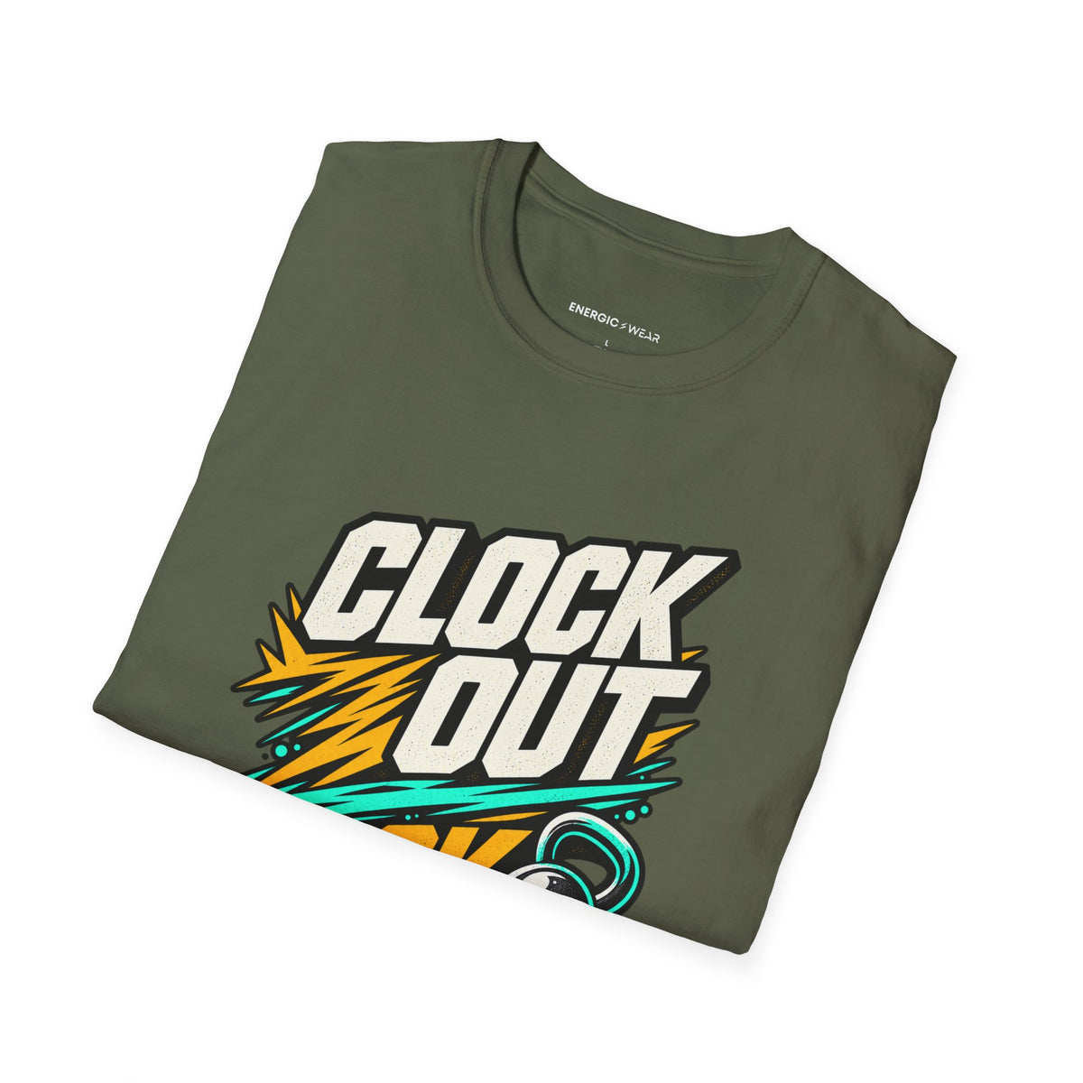 Graphic fitness T-shirt featuring the "Clock Out, Lock In" design.