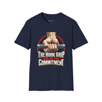 Graphic fitness T-shirt featuring the "The Hook Grip Holds the Commitment" design.
