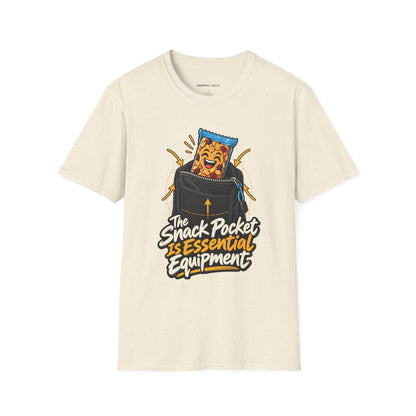 Graphic fitness T-shirt featuring the "The Snack Pocket Is Essential Equipment" design.