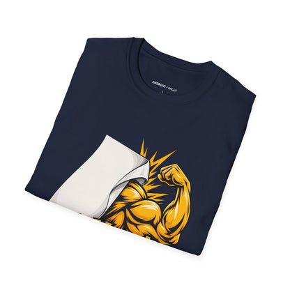 Graphic fitness T-shirt featuring the "My Muscles Don't Need a Beauty Brief" design.
