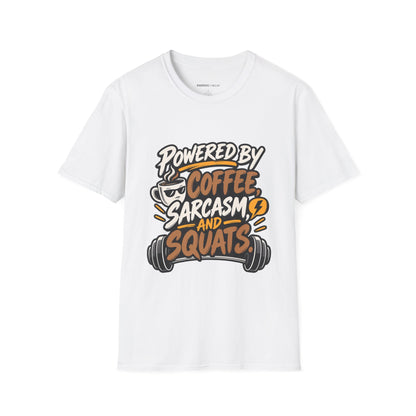 Graphic fitness T-shirt featuring the "Powered by Coffee, Sarcasm and Squats" design.