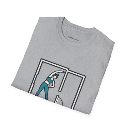 Graphic fitness T-shirt featuring the "Stretch Into the Space You Have" design.
