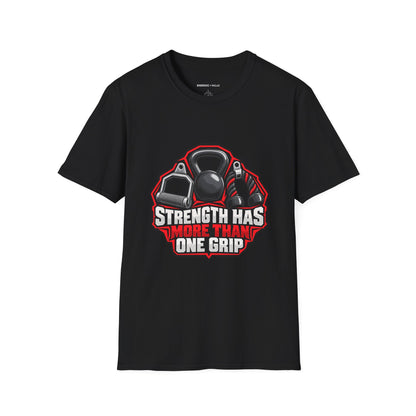 Graphic fitness T-shirt featuring the "Strength Has More Than One Grip" design.