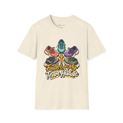 Graphic fitness T-shirt featuring the "Faith Is in My Team Huddle" design.
