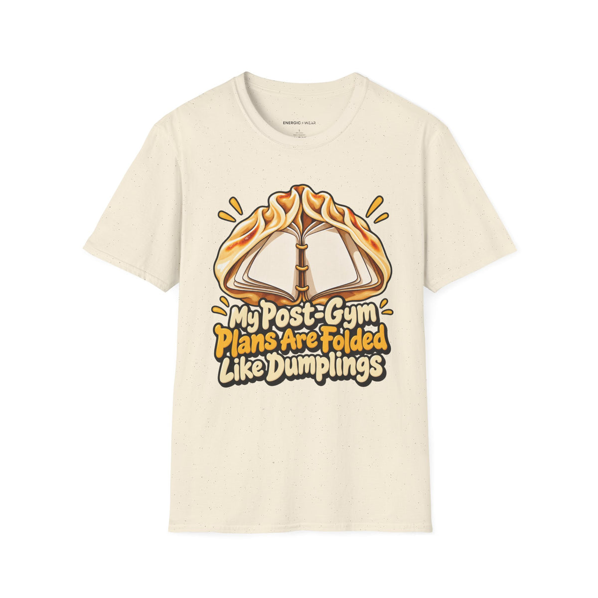 Graphic fitness T-shirt featuring the "My Post-Gym Plans Are Folded Like Dumplings" design.