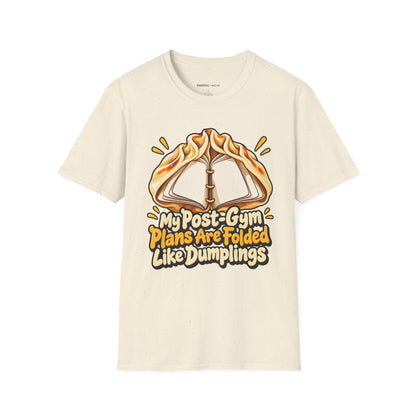 Graphic fitness T-shirt featuring the "My Post-Gym Plans Are Folded Like Dumplings" design.