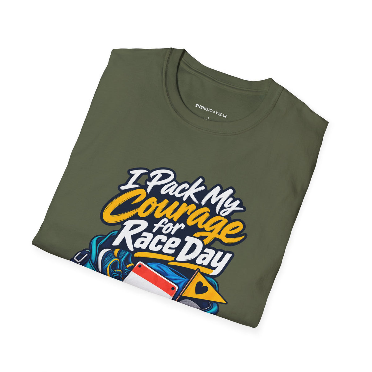 Graphic fitness T-shirt featuring the "I Pack My Courage for Race Day" design.