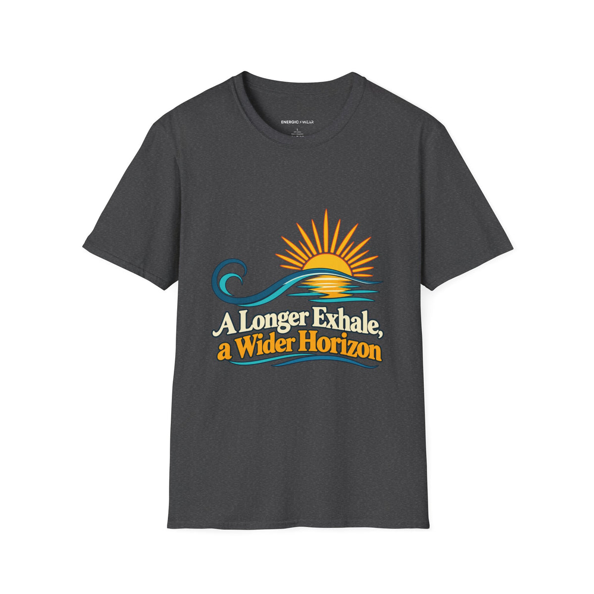 Graphic fitness T-shirt featuring the "A Longer Exhale a Wider Horizon" design.