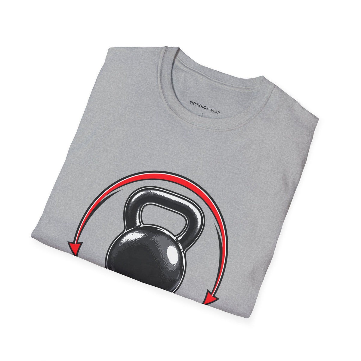Graphic fitness T-shirt featuring the "Control the Swing Own the Bell" design.
