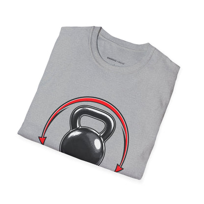 Graphic fitness T-shirt featuring the "Control the Swing Own the Bell" design.