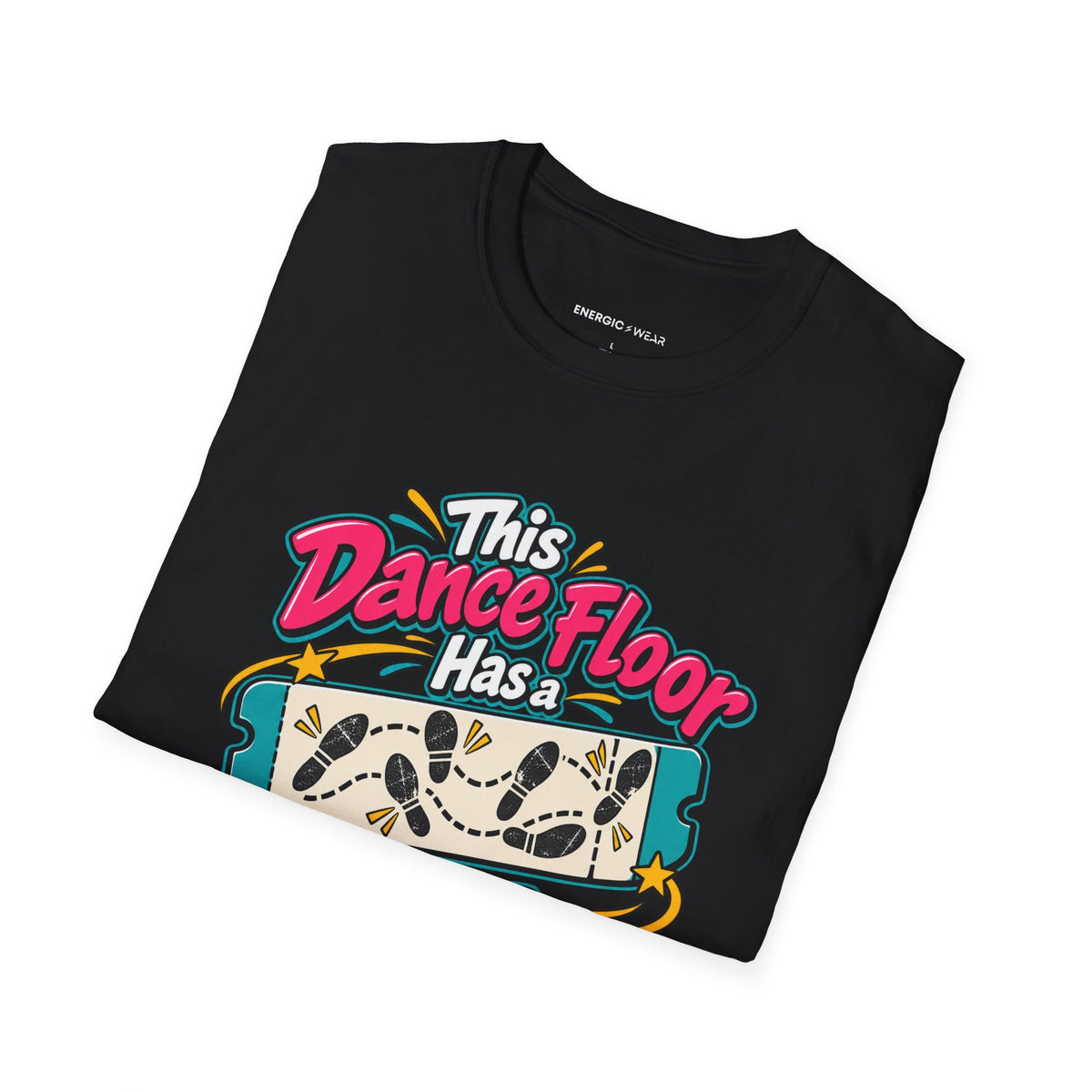 Graphic fitness T-shirt featuring the "This Dance Floor Has a Frequent-Flyer Program" design.