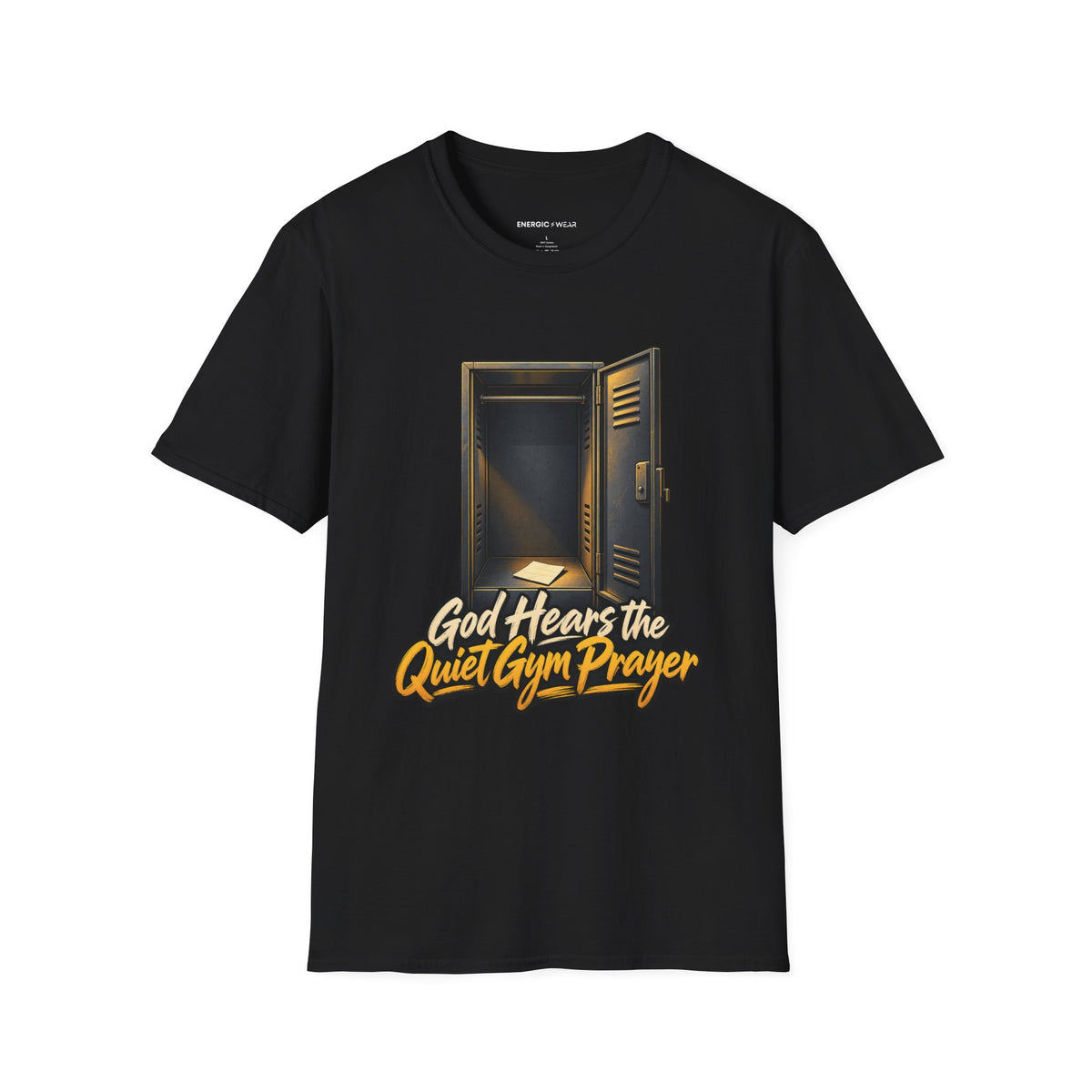 Graphic fitness T-shirt featuring the "God Hears the Quiet Gym Prayer" design.