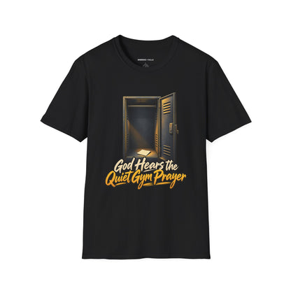 Graphic fitness T-shirt featuring the "God Hears the Quiet Gym Prayer" design.