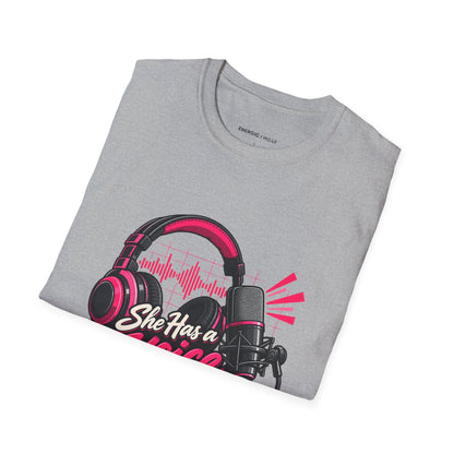 Graphic fitness T-shirt featuring the "She Has a Voice Behind the Microphone" design.