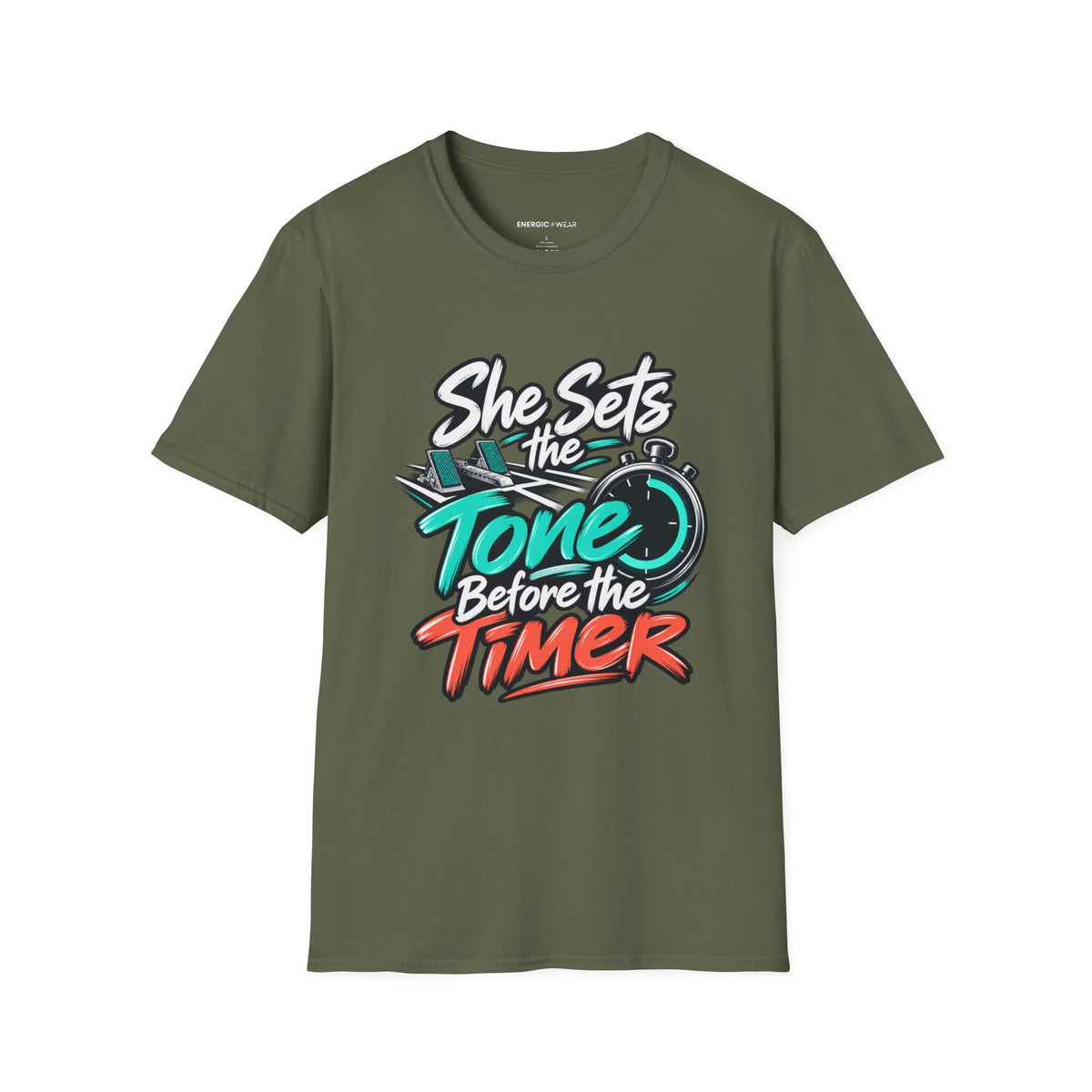 Graphic fitness T-shirt featuring the "She Sets the Tone Before the Timer" design.