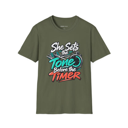 Graphic fitness T-shirt featuring the "She Sets the Tone Before the Timer" design.