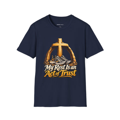 Graphic fitness T-shirt featuring the "My Rest Is an Act of Trust" design.