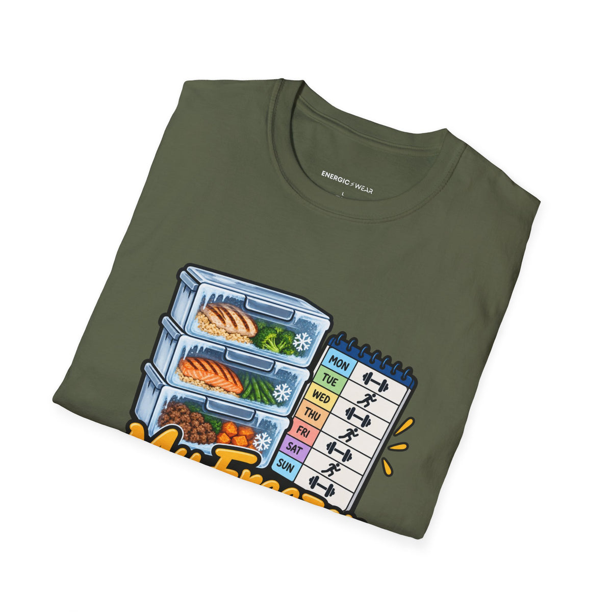 Graphic fitness T-shirt featuring the "My Freezer Is Part of the Training Plan" design.
