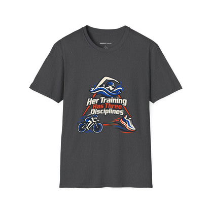 Graphic fitness T-shirt featuring the "Her Training Has Three Disciplines" design.