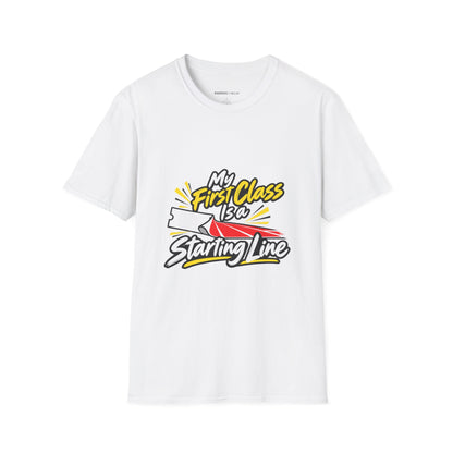 Graphic fitness T-shirt featuring the "My First Class Is a Starting Line" design.