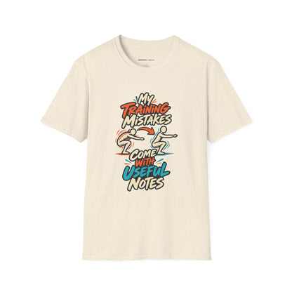 Graphic fitness T-shirt featuring the "My Training Mistakes Come With Useful Notes" design.