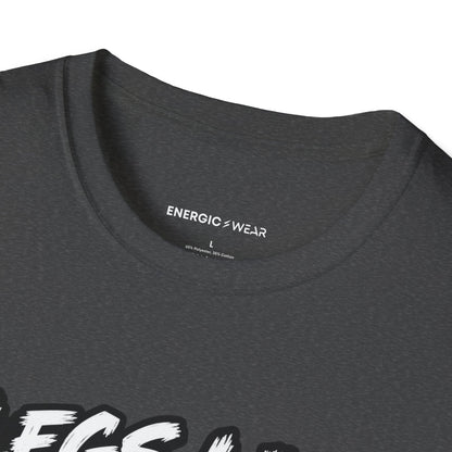 Graphic fitness T-shirt featuring the "Legs Like Jello, Spirit Like Steel" design.