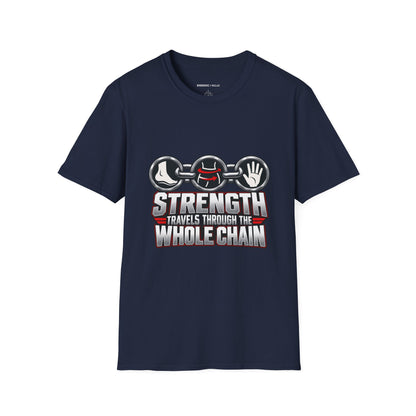 Graphic fitness T-shirt featuring the "Strength Travels Through the Whole Chain" design.