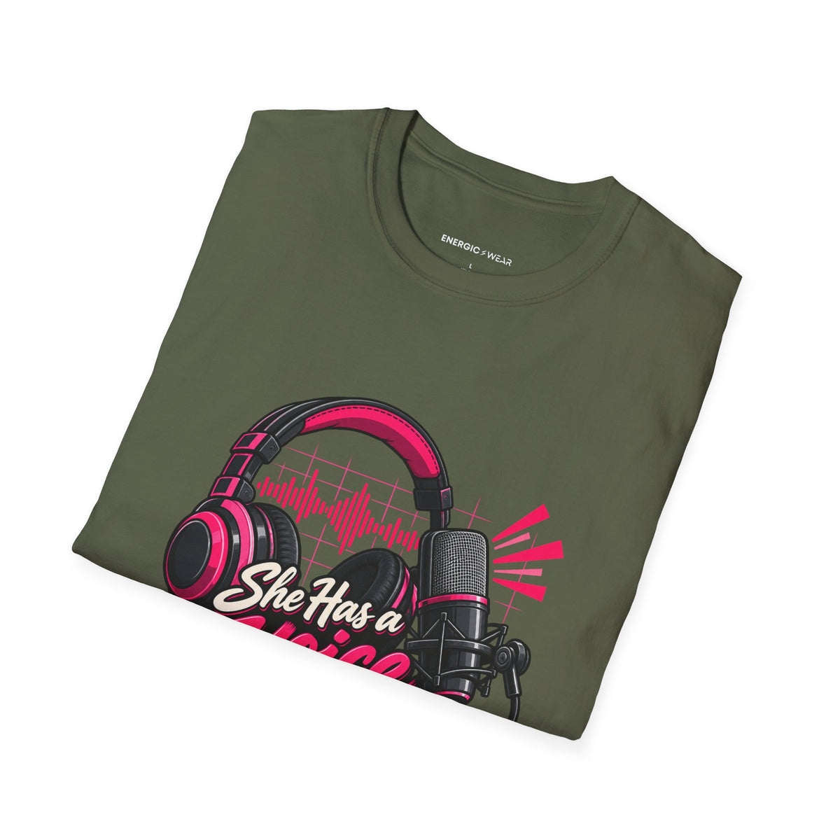 Graphic fitness T-shirt featuring the "She Has a Voice Behind the Microphone" design.