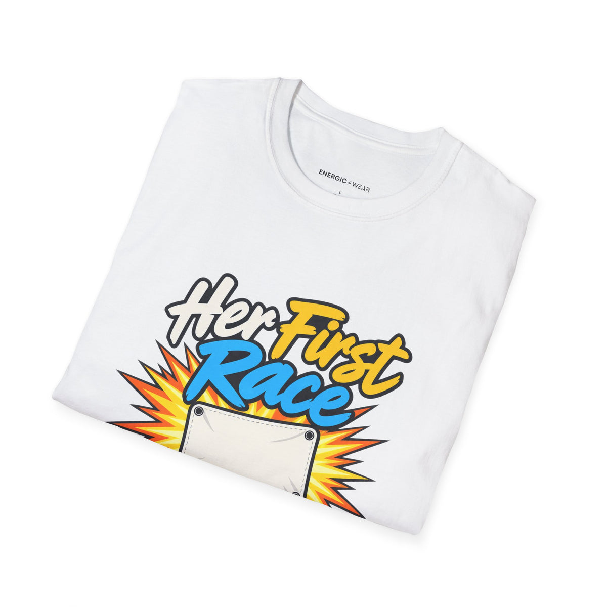 Graphic fitness T-shirt featuring the "Her First Race Deserves Full Volume" design.