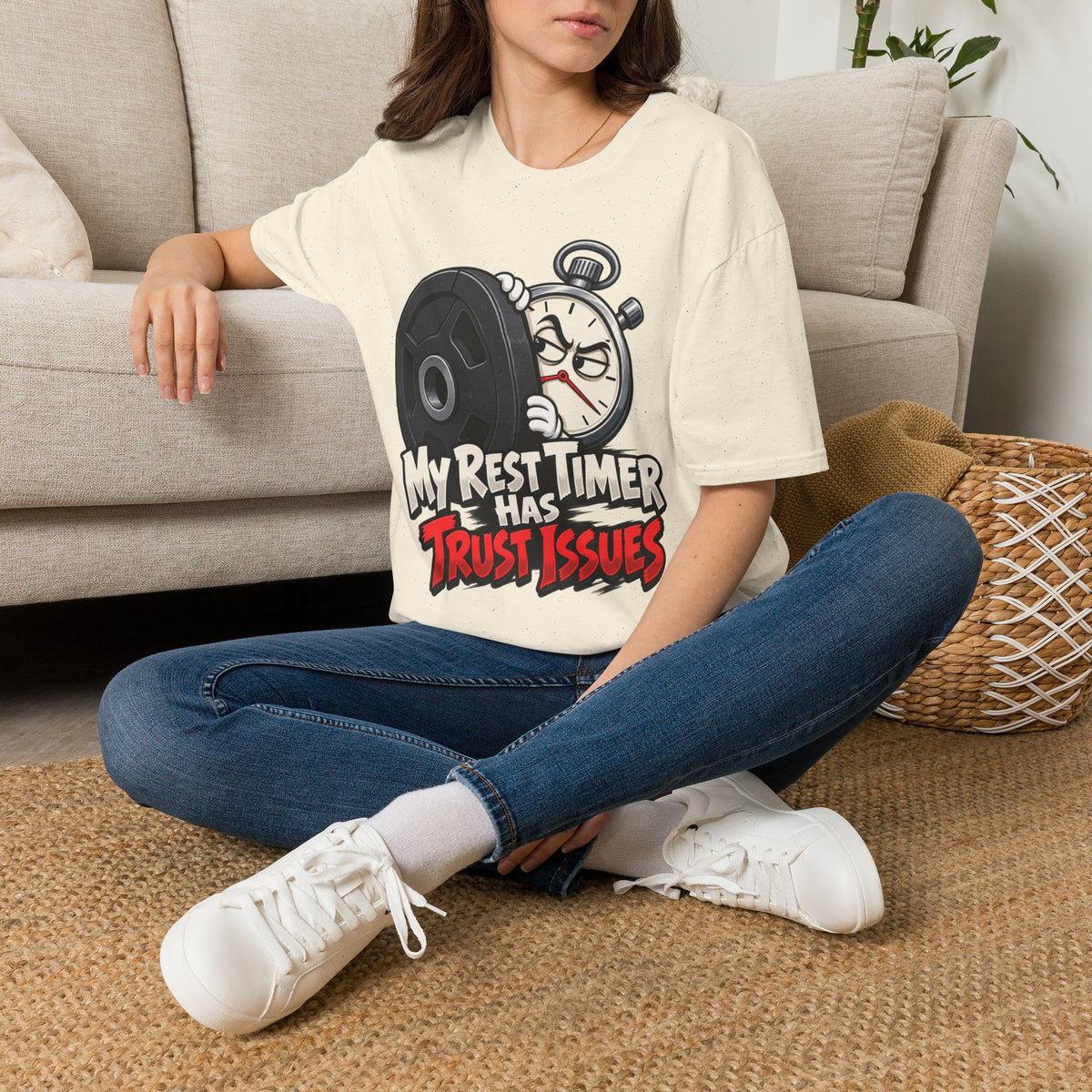 Graphic fitness T-shirt featuring the "My Rest Timer Has Trust Issues" design.