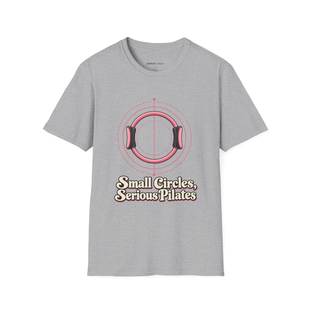Graphic fitness T-shirt featuring the "Small Circles Serious Pilates" design.
