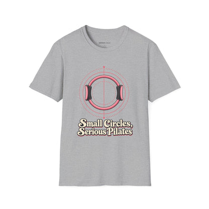Graphic fitness T-shirt featuring the "Small Circles Serious Pilates" design.