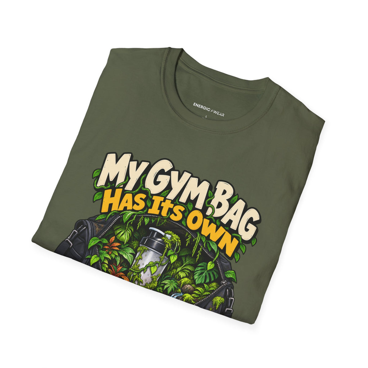 Graphic fitness T-shirt featuring the "My Gym Bag Has Its Own Ecosystem" design.
