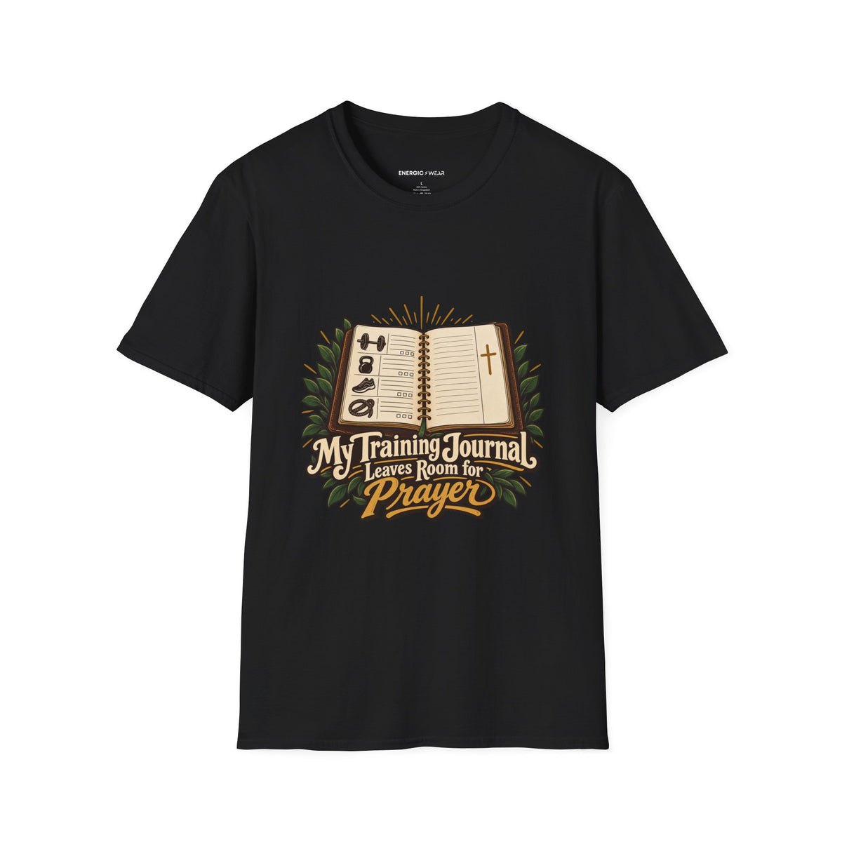 Graphic fitness T-shirt featuring the "My Training Journal Leaves Room for Prayer" design.