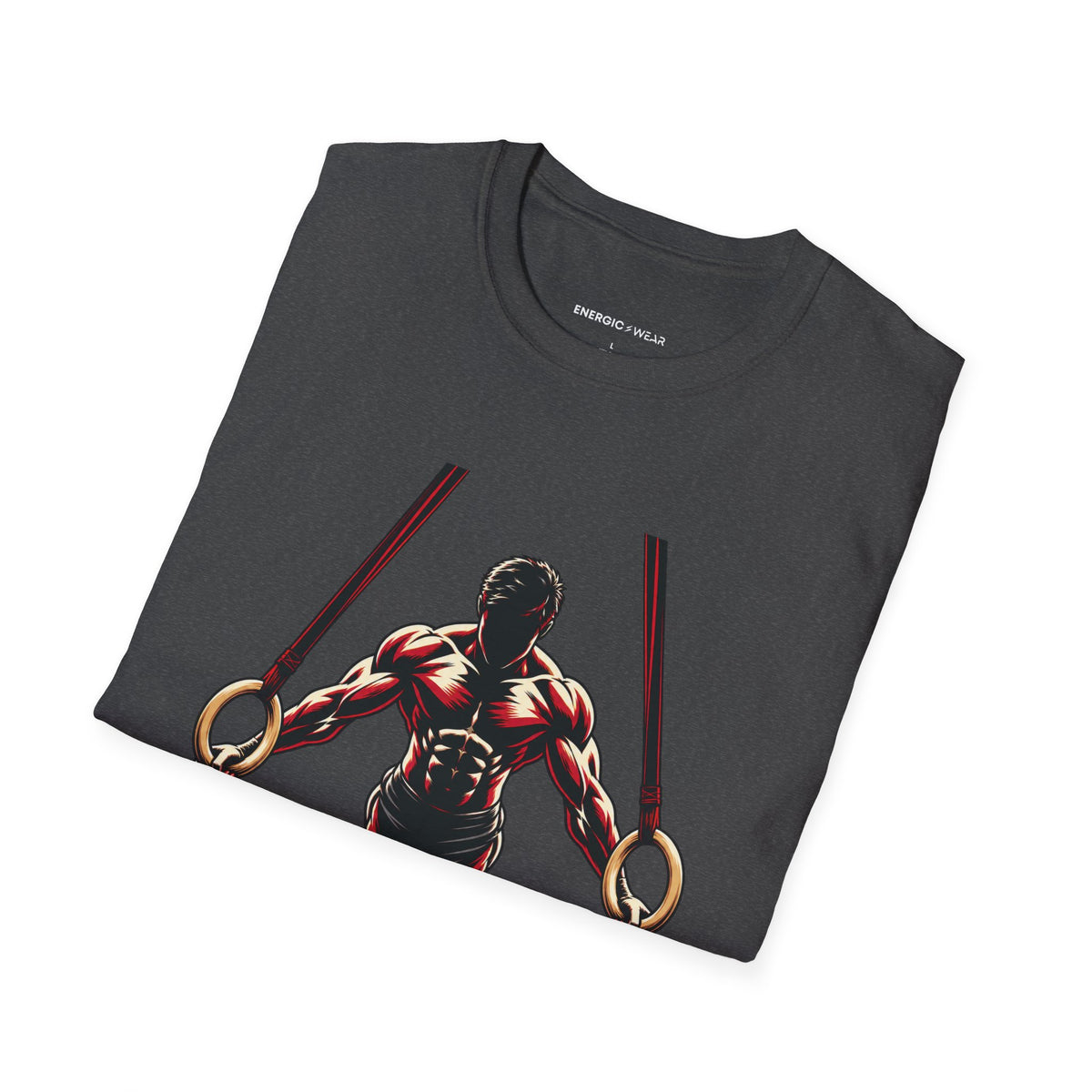 Graphic fitness T-shirt featuring the "Rings Ask Every Muscle to Listen" design.