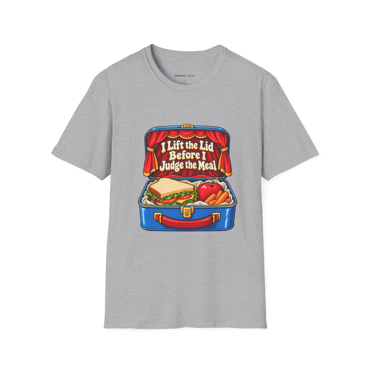 Graphic fitness T-shirt featuring the "I Lift the Lid Before I Judge the Meal" design.