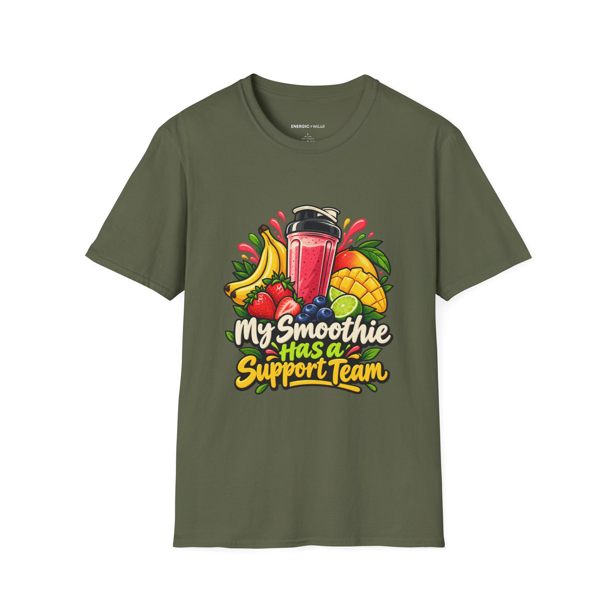 Graphic fitness T-shirt featuring the "My Smoothie Has a Support Team" design.